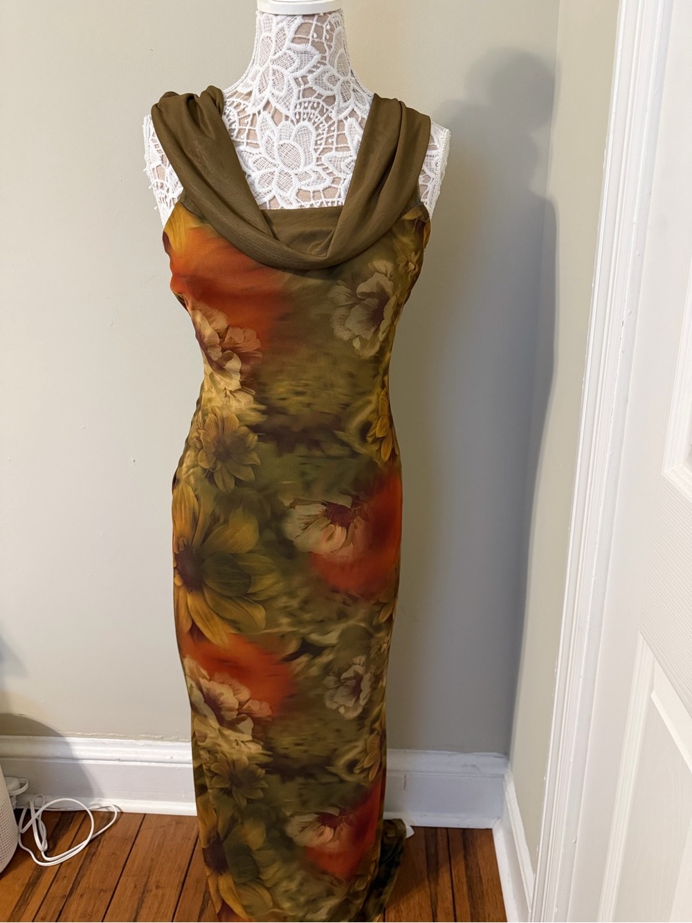 Blue Blush Olive Green Floral Cowl Neck Maxi Dress